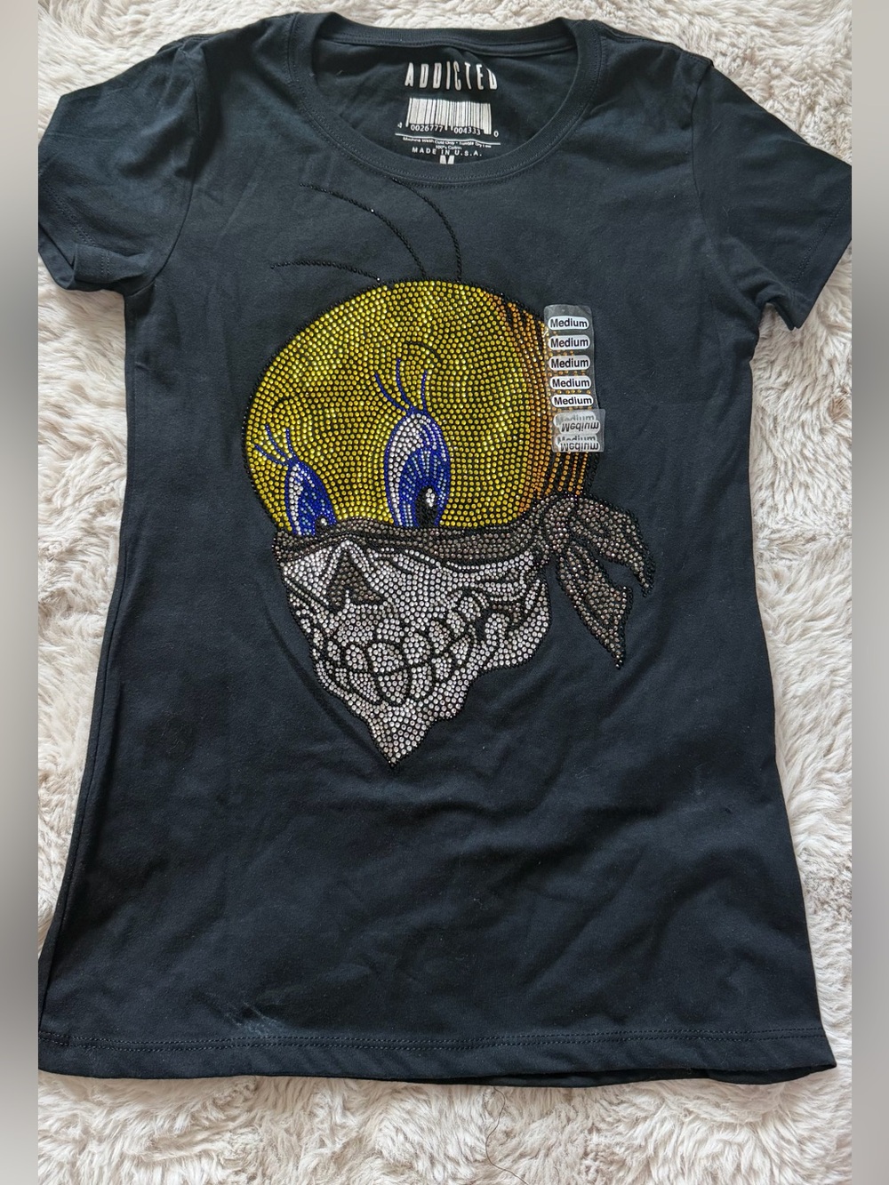 Addicted Brands Black Tweety Crystal Tee with Yellow and Blue Accents